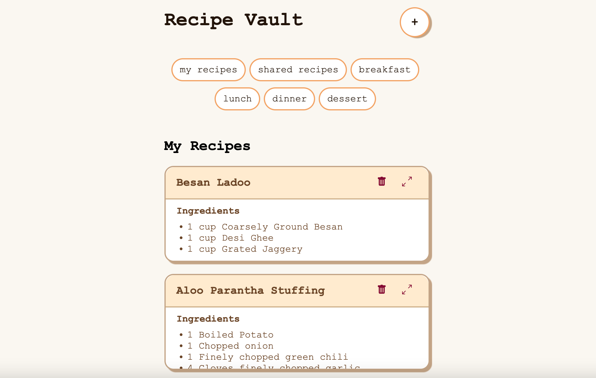 A thumbnail for Recipe Vault: a web app to make a note of recipes, organize and share them.