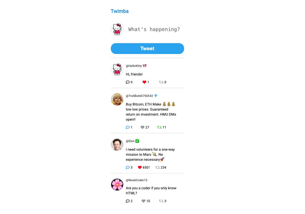 A thumbnail for Twimba: a clone of the popular social app Twitter.